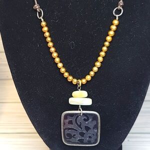 Vintage Silpada Leather Fresh water Pearl and Carved Shell Necklace 16" + 2" Ext